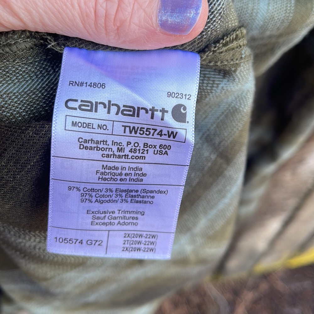 Carhartt 2X Plaid Flannel Shirt Green Rugged Flex Loose Fit Ladies Soft Long Slv - Picture 6 of 7